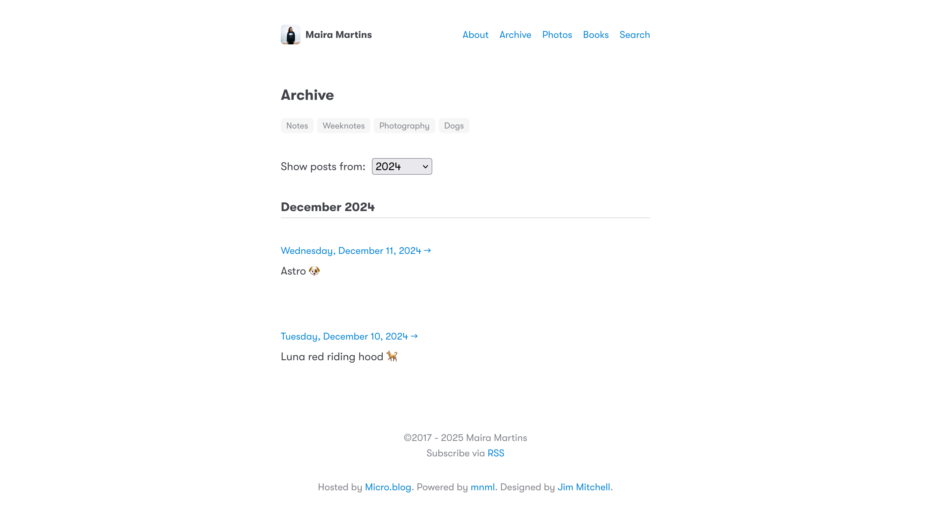 A blog archive page displays posts from December 2024, with a simple minimalistic design in white.