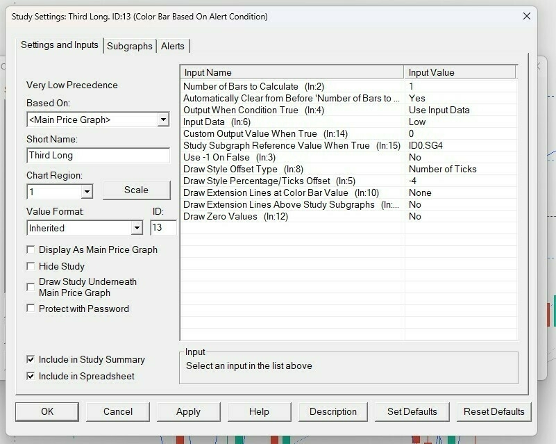 Sierra Chart study input settings