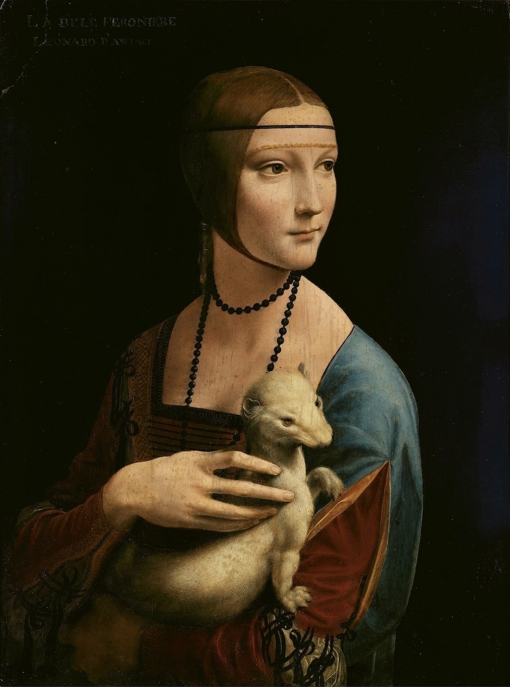 Lady with an Ermine, by Leonardo da Vinci. The painting portrays a woman from the Renaissance period delicately holding a small white ermine in her arms.