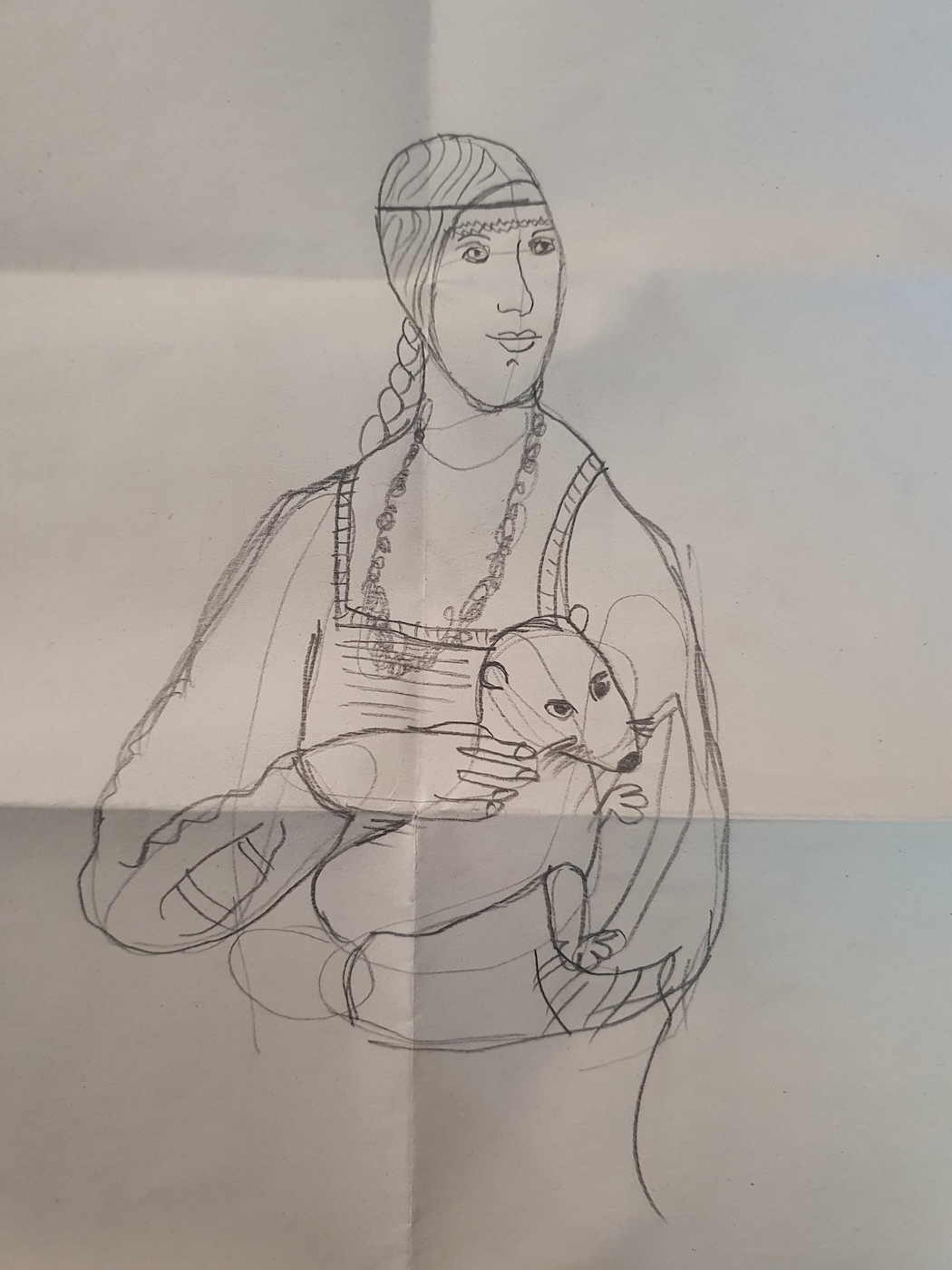 Attempt at a sketch of Lady with an Ermine, by someone who is not an artist.