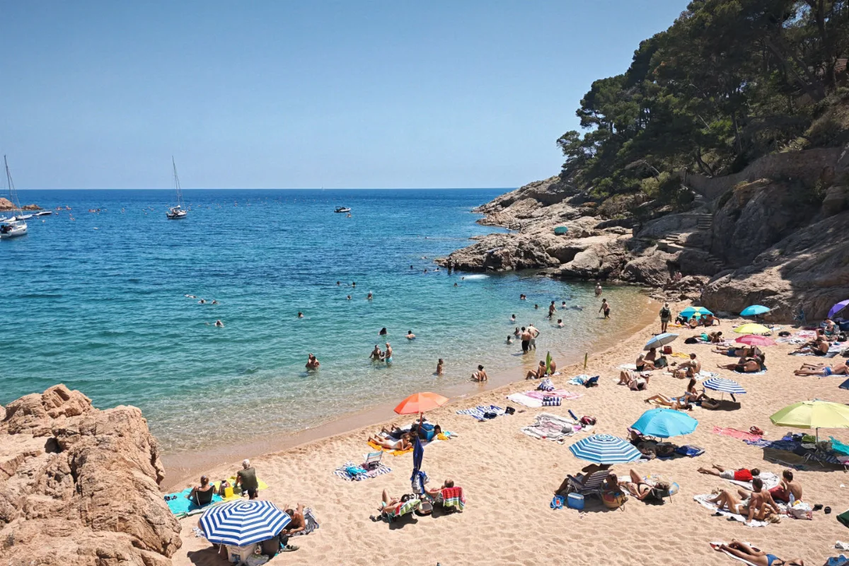 Tamariu beach in Costa Brava with the stairs leading to the Camí de Ronda path in the background
