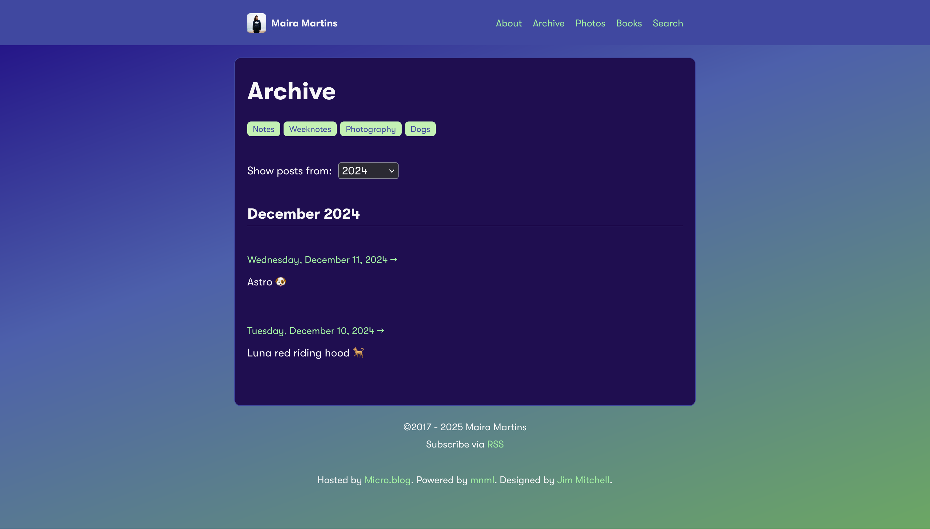 A webpage featuring an archive section with blog posts from December 2024, using a dark colour scheme in shades of purple with green details.